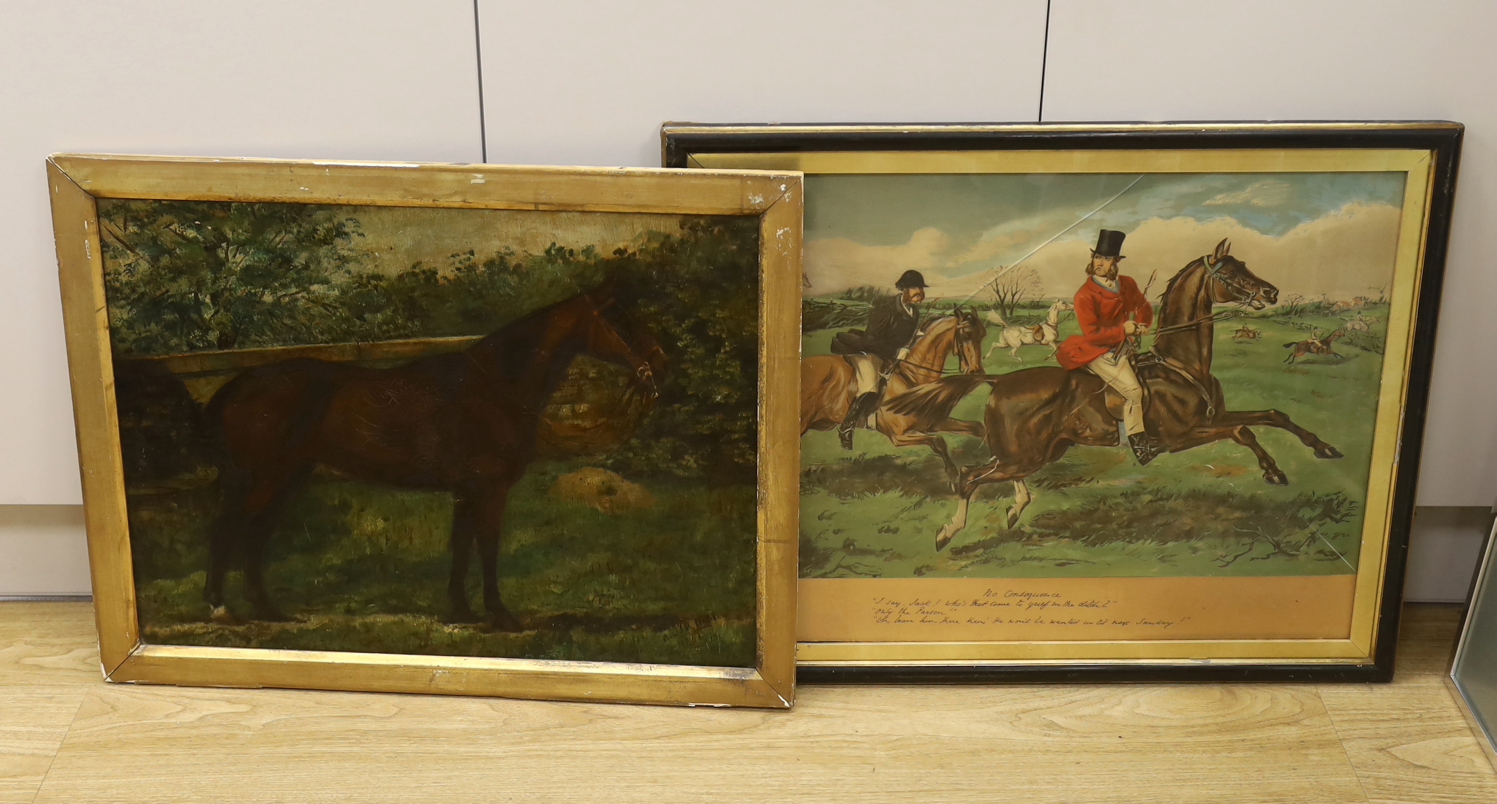 Early 20th century, naive oil on canvas, Study of a horse, indistinctly signed and dated 1901, together with a chromolithograph of a hunting scene by Punch cartoonist John Leech, largest 62 x 47cm